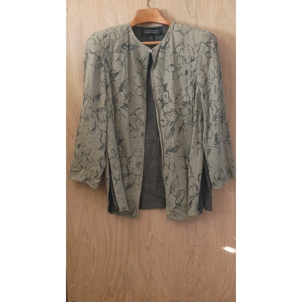 Linda Allard Ellen Tracy Floral Linen Blend Layered Open Jacket Grey Green 16